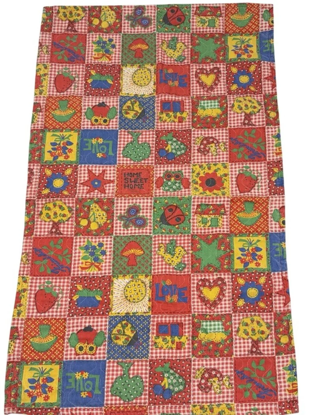 VTG Retro Mushroom Flower Power Quilted Patchwork Quilt Calico Gingham 19x31”